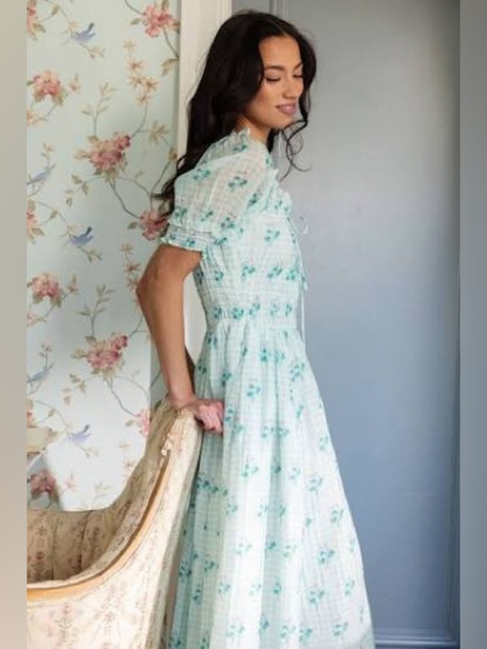 Ivy City Co Mint Floral Puff Sleeve Midi Dress - Picture 2 of 15